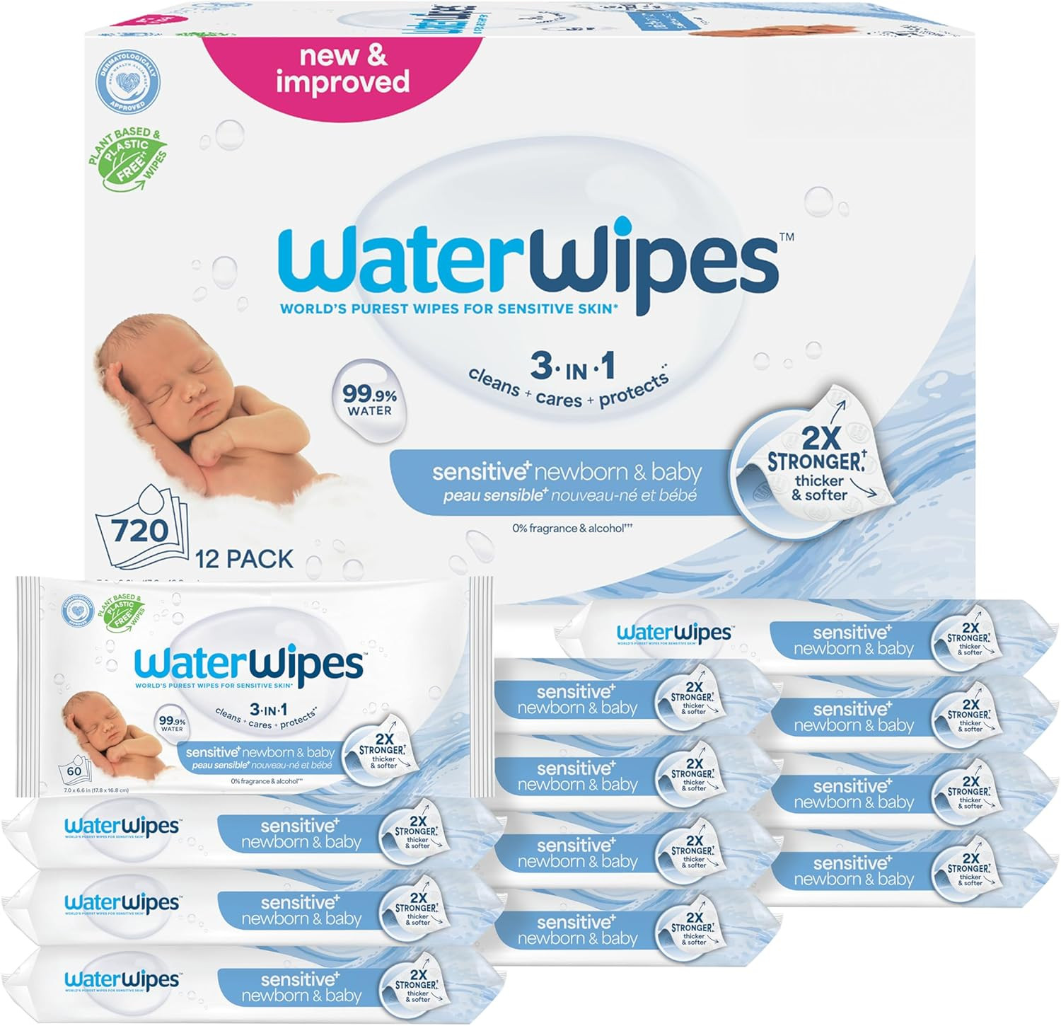 Baby Wipes, 720 Count, Unscented, Hypoallergenic, 99.9% Water, 3-in-1
