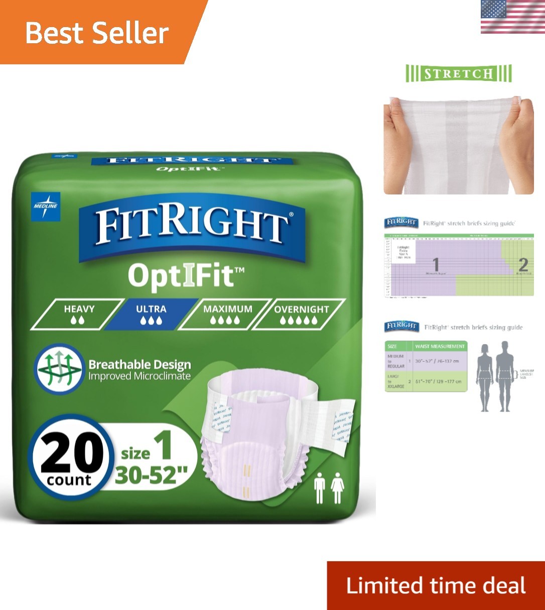 OptiFit Ultra-Stretch Disposable Adult Diapers, 20 Count, Leak Protection & Fit
