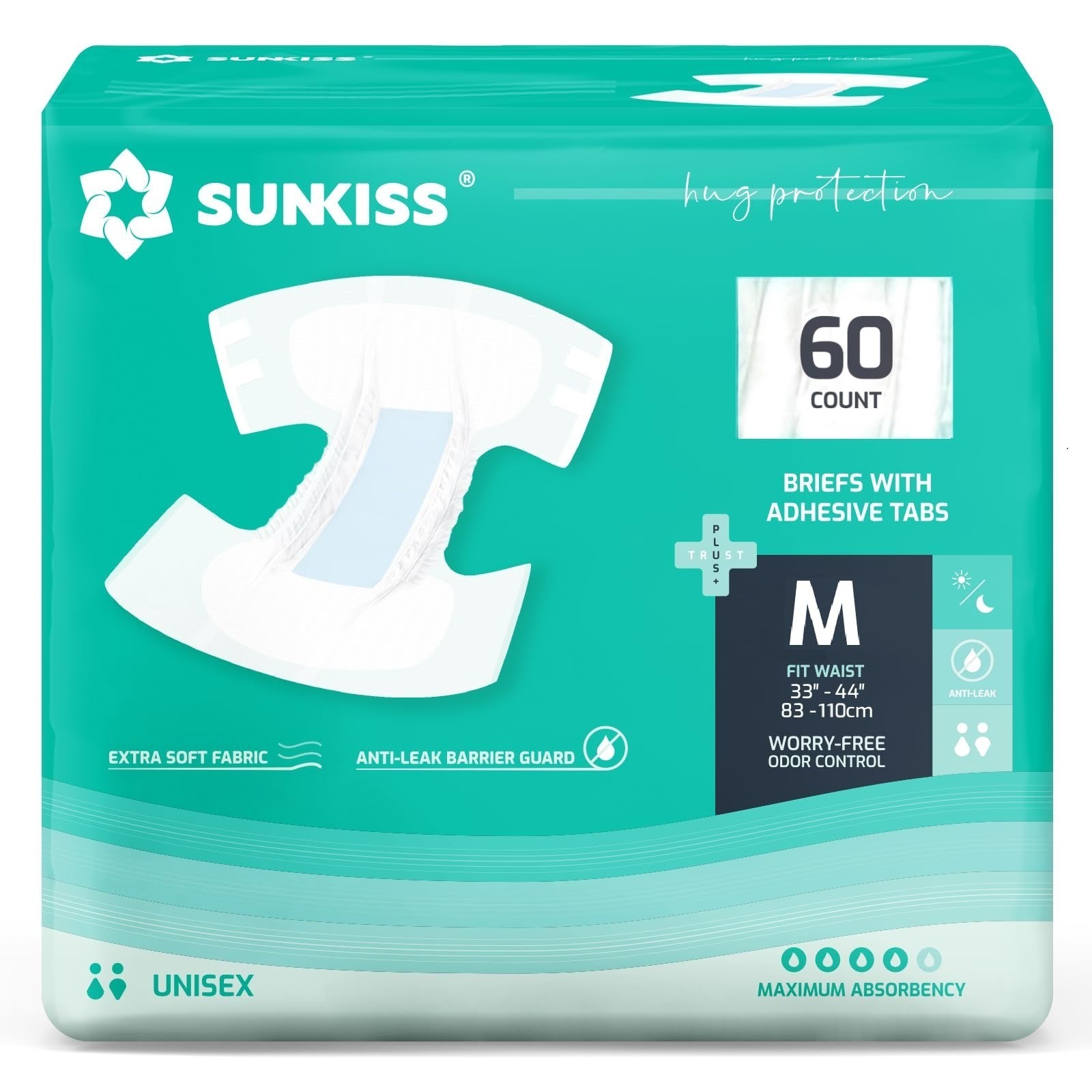 SUNKISS TrustPlus Adult Diapers with Maximum Absorbency Disposable Size M, 60ct