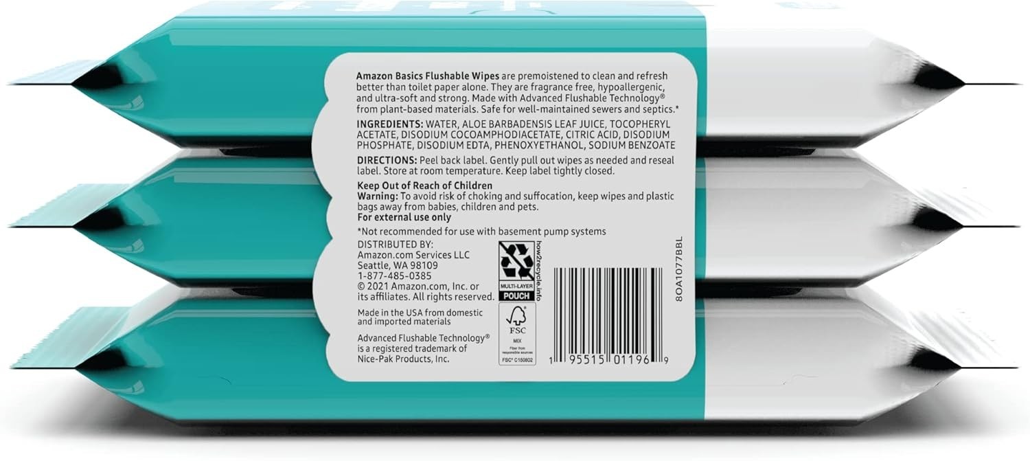 Adult Wet Wipes Flushable Fragrance Free, 126 Count (3 Packs of 42)