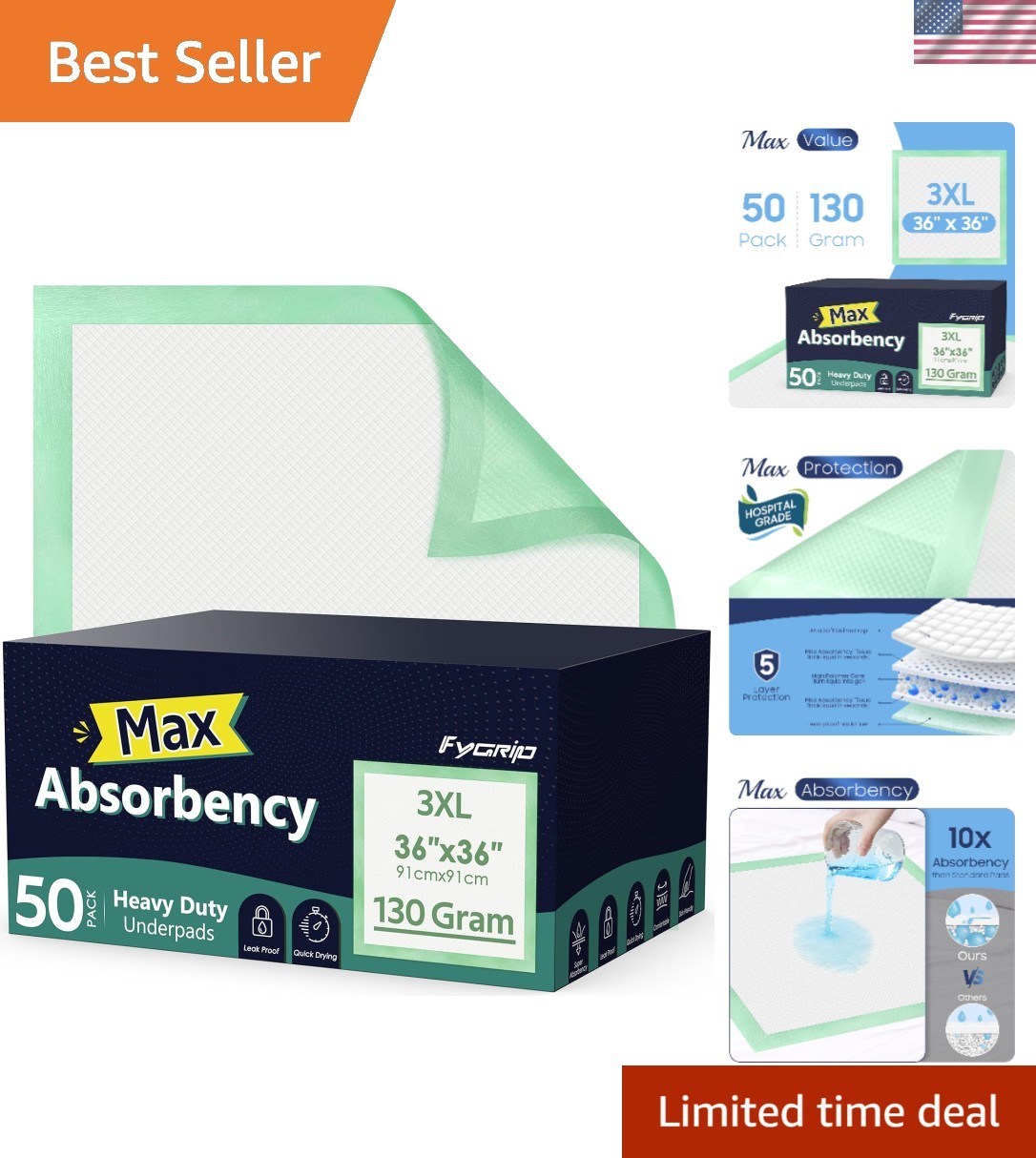 50 Count Hospital Grade 130 Gram 36” x 36” Max Absorbency Disposable Underpad…