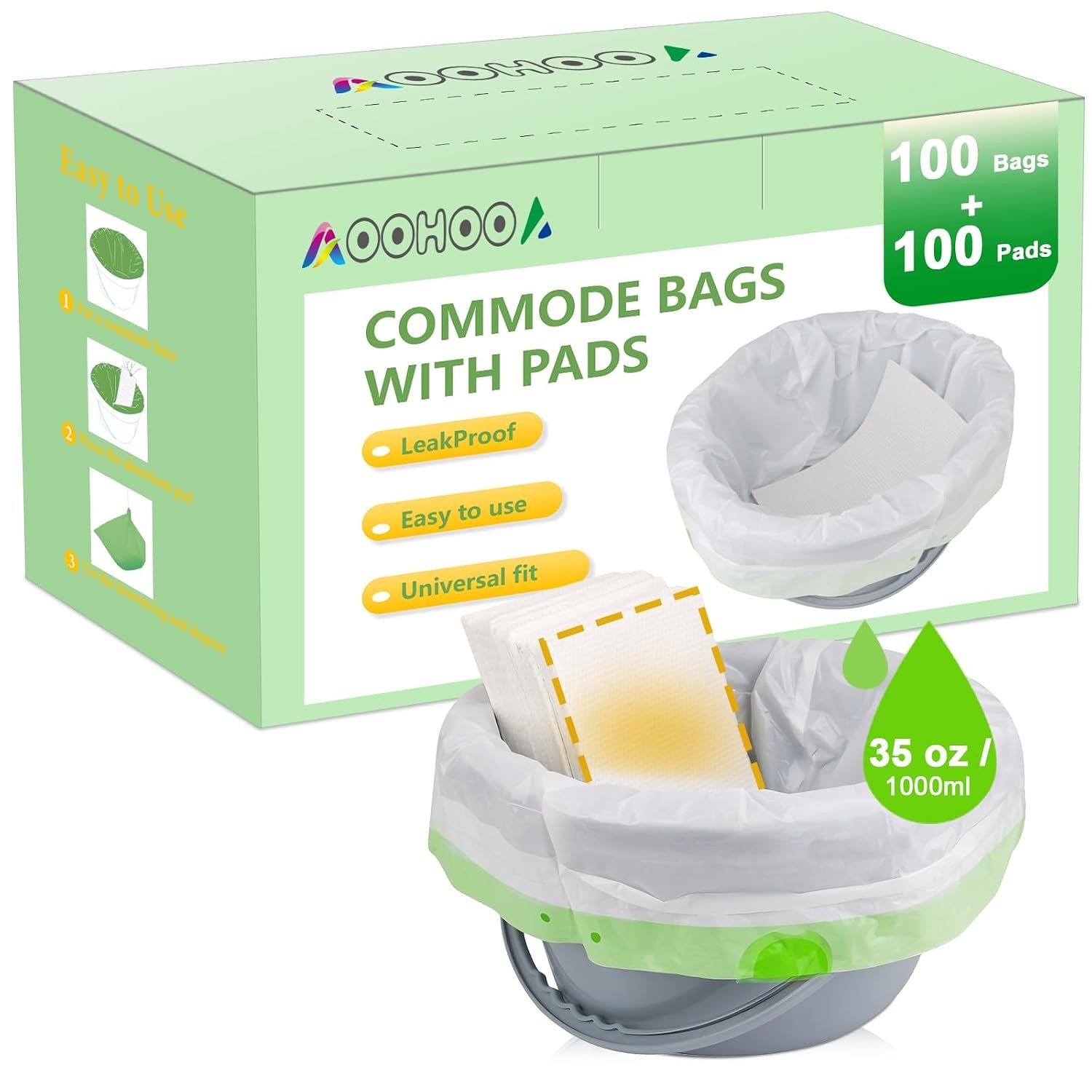 Bedside Commode Liners with Pads, Leak Guard Unscented, 100 Bags + 100 Pads