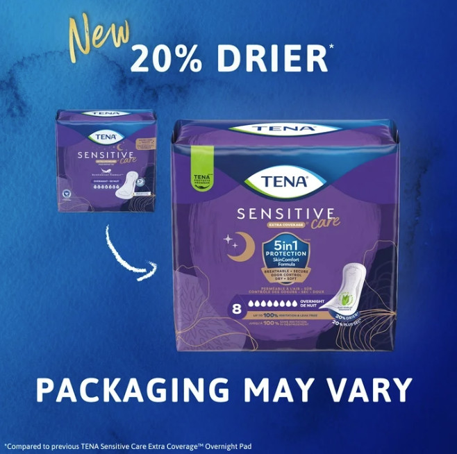 Tena Sensitive Care Extra Coverage Overnight Incontinence Pads for Women, 90 Ct