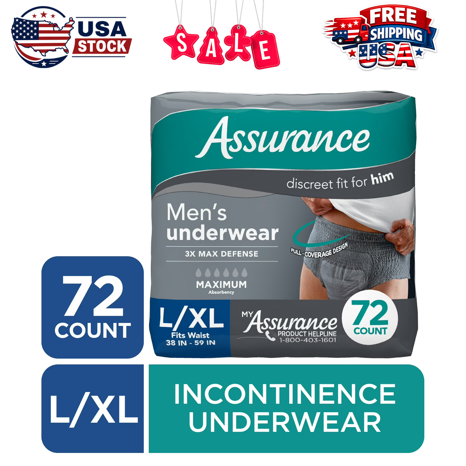 Assurance Men’s Incontinence Underwear, Large, Maximum Absorbency, 72 Count