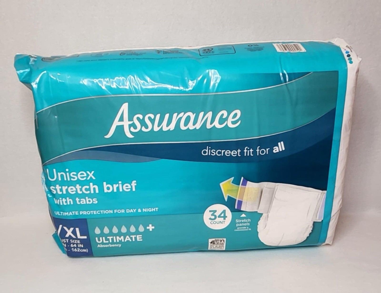 Assurance Stretch Briefs w Tabs Ultimate Absorbency L/XL 34 Pack Day/Night