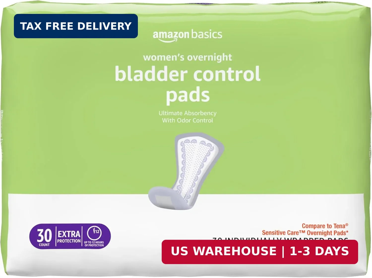 Amazon Basics Incontinence Pads for Women, Postpartum Pads, Bladder Control, Ove