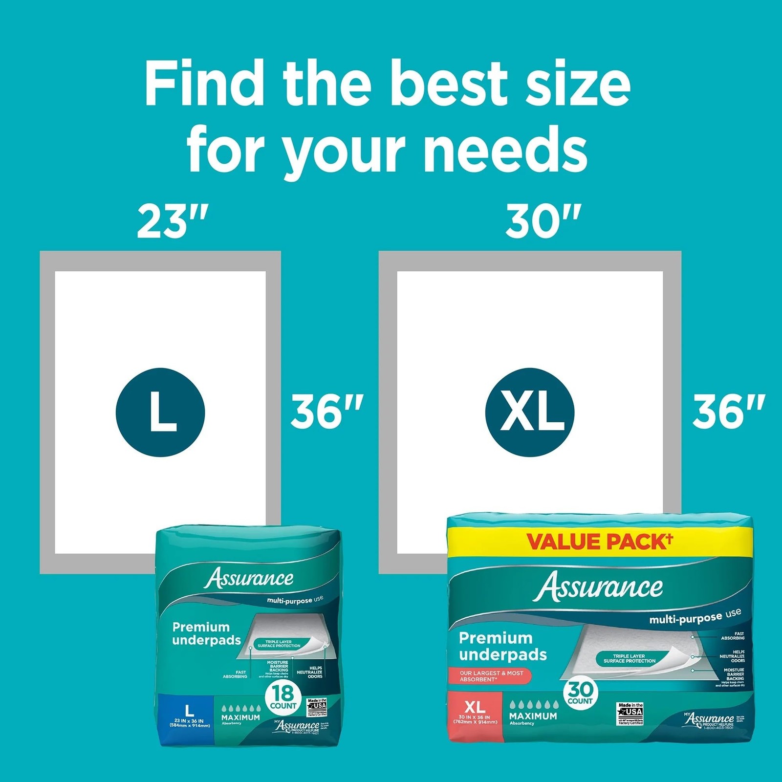 Assurance Unisex Premium Underpad For Adults XL 30 x36″ Max Absorbency, 30 Count