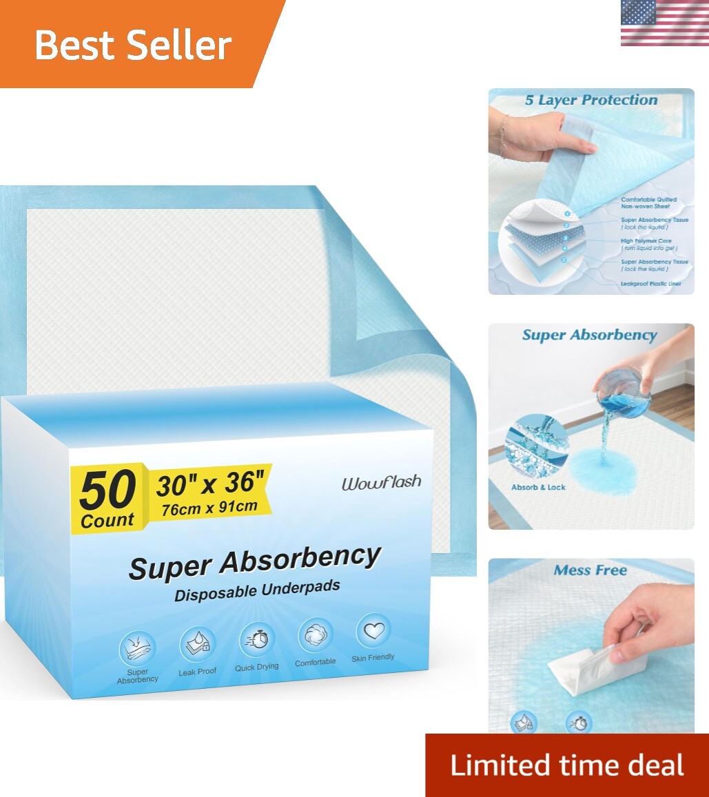 50 Count Super Absorbent Disposable Underpads, 30” x 36”, Leakproof & Quick Dry