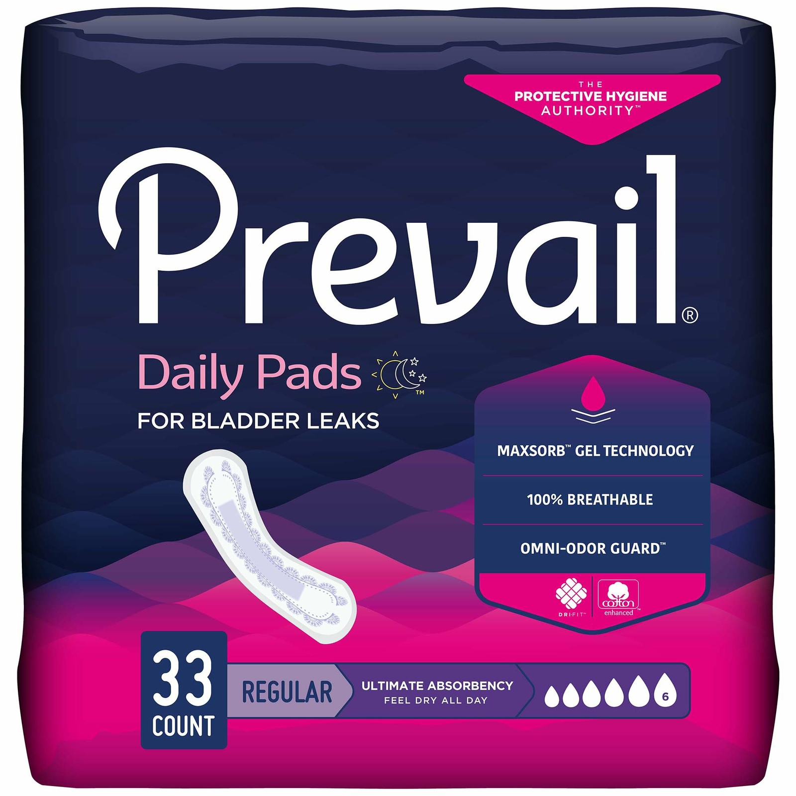 Prevail Dri-Fit Bladder Control Pads 16in Length, Ultimate Absorbency – 33/Pack