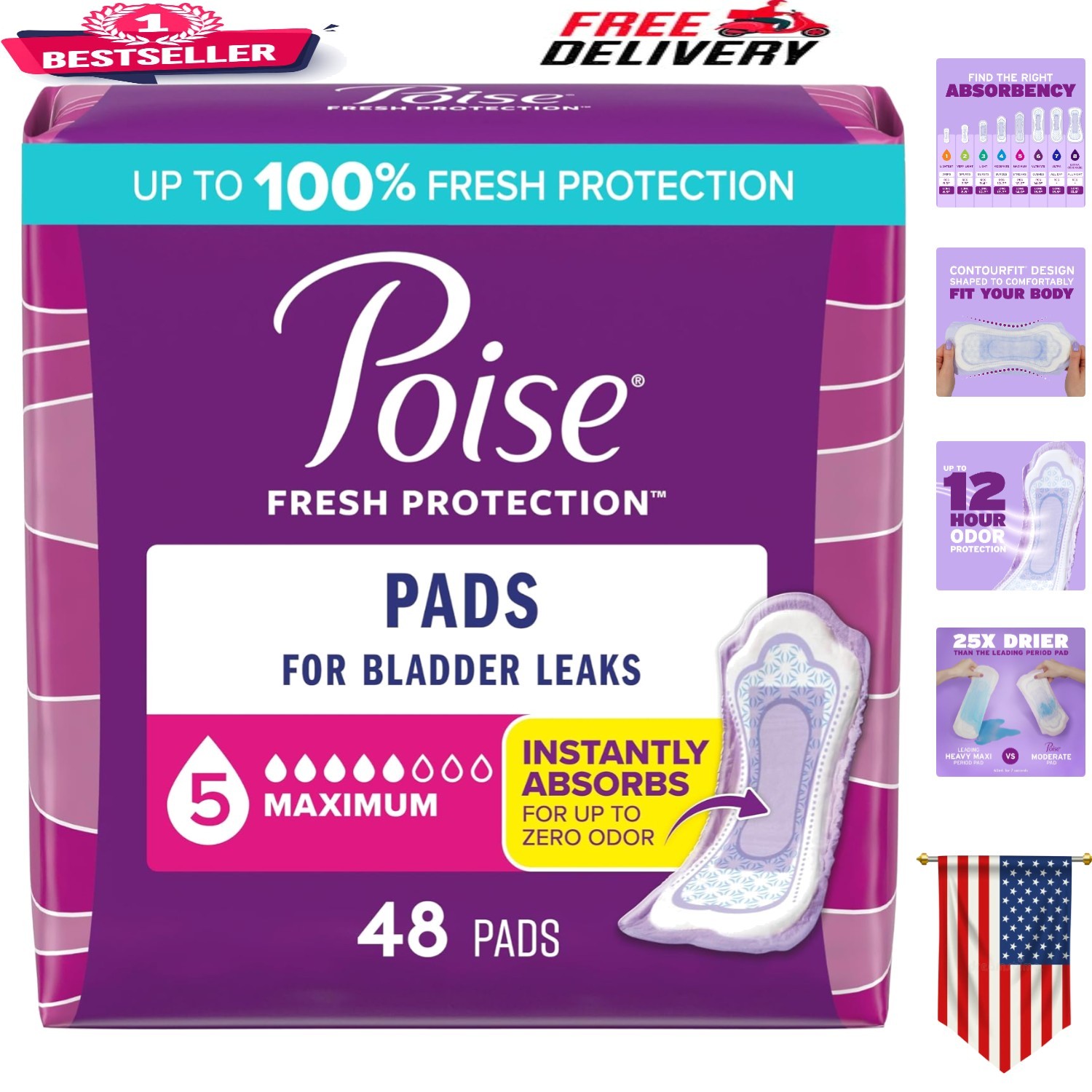 Poise Bladder Leak Pads – 48 Disposable, Regular Length for Ultimate Protection