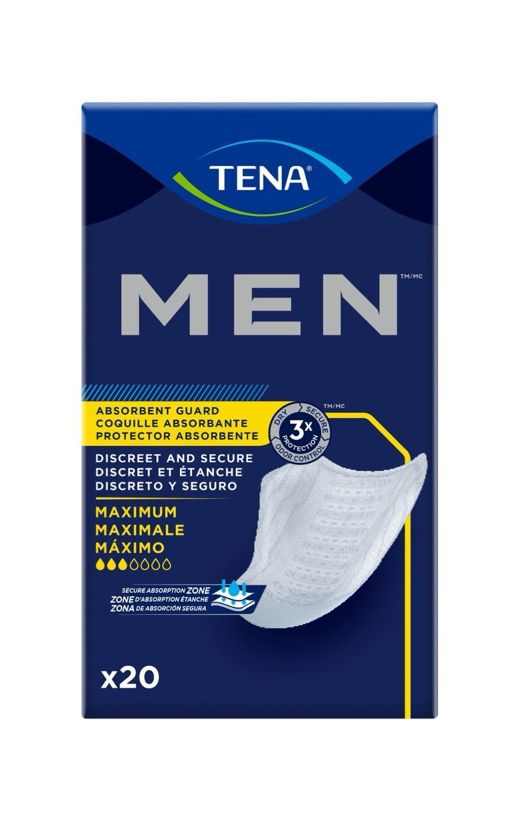 Tena Men’s Absorbent Guards, 20 Ct . 6 Pack, Maximum Absorbency : Case of 120 CT
