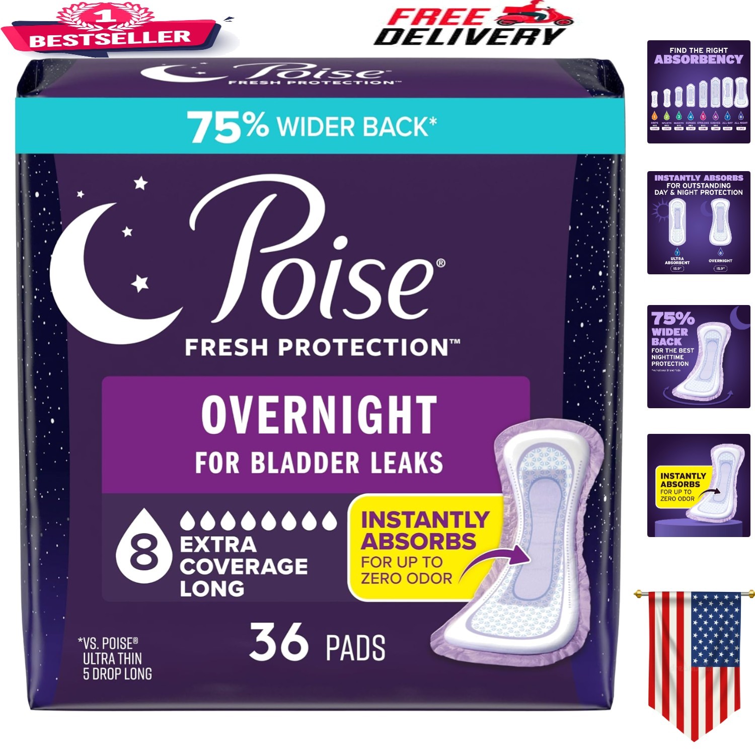 Poise 36 Count Overnight Pads: 12 Hour Protection for Bladder Leaks & Postpartum