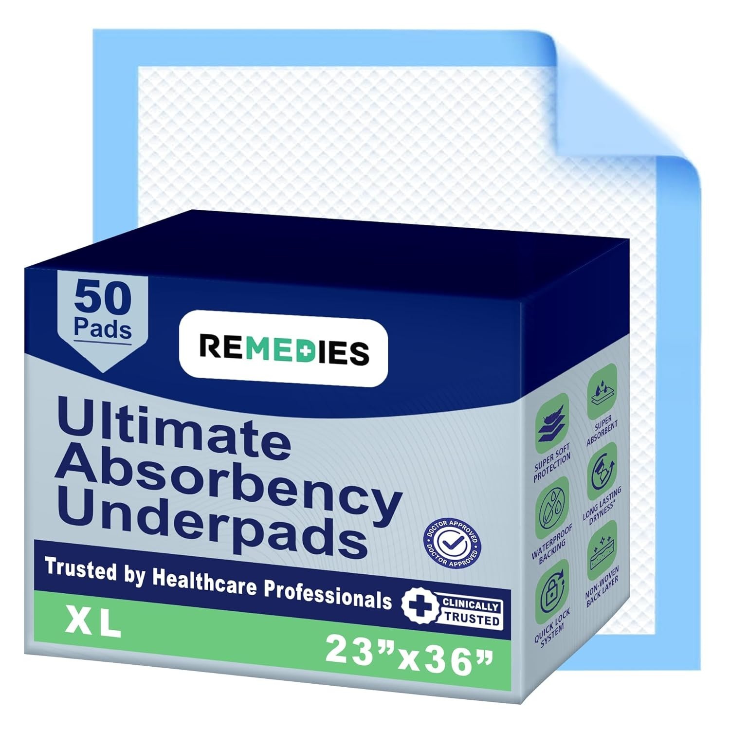 REMEDIES Disposable Bed Pads – Adults, Seniors, Kids & Puppy, 23″x36″ (50 Count)