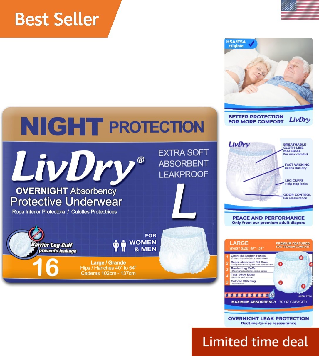 Soft Comfort Large Adult Diapers, Overnight Protection, Leak-Resistant 16-Pack