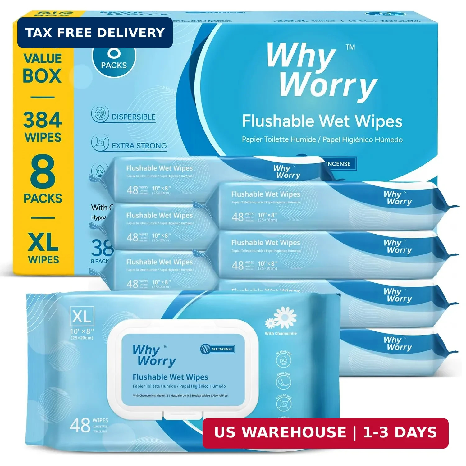 WhyWorry Flushable Wipes for Adults, Extra Large 8″x10″ Butt Wipes for Personal