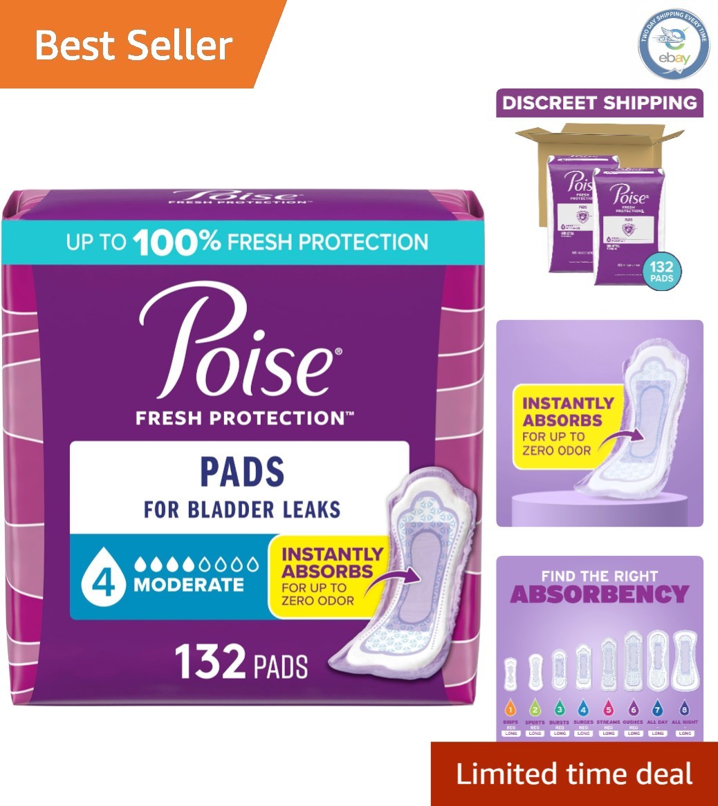 Odor-Reducing Incontinence Pads, 132 Count, 4 Drop Moderate Protection for Women
