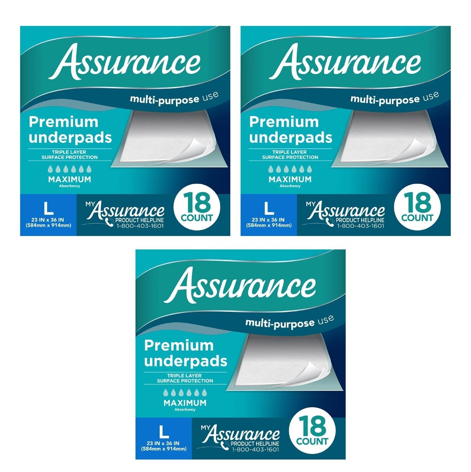54 Count (3×18) Assurance Max Absorbency Unisex Premium Underpad Size L 23 x 36″