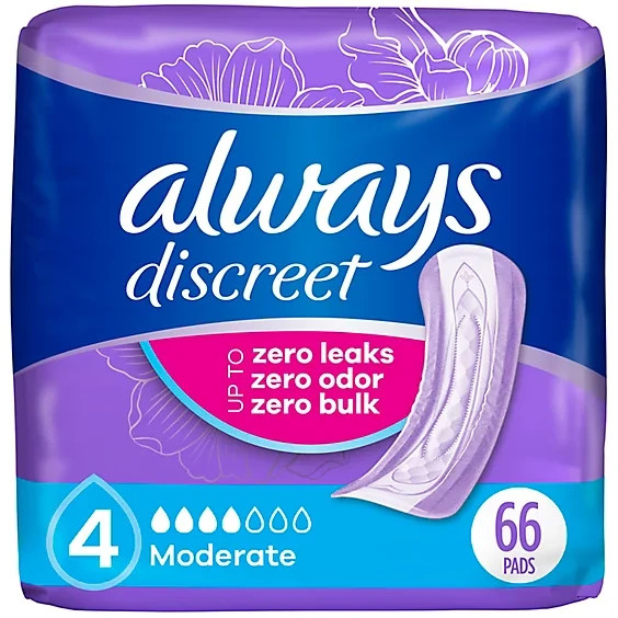Lot of 4 Always Discreet Moderate Long Absorbency 4 Drop Base Pads 66ct Packs