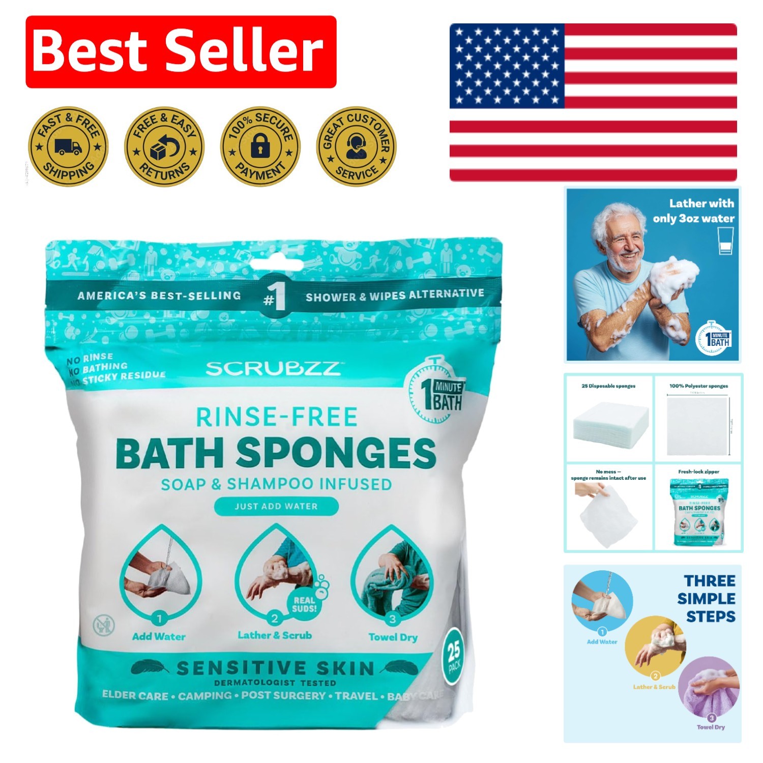 Large Hypoallergenic Bath Wipes for Sensitive Skin – 25 Count Convenience