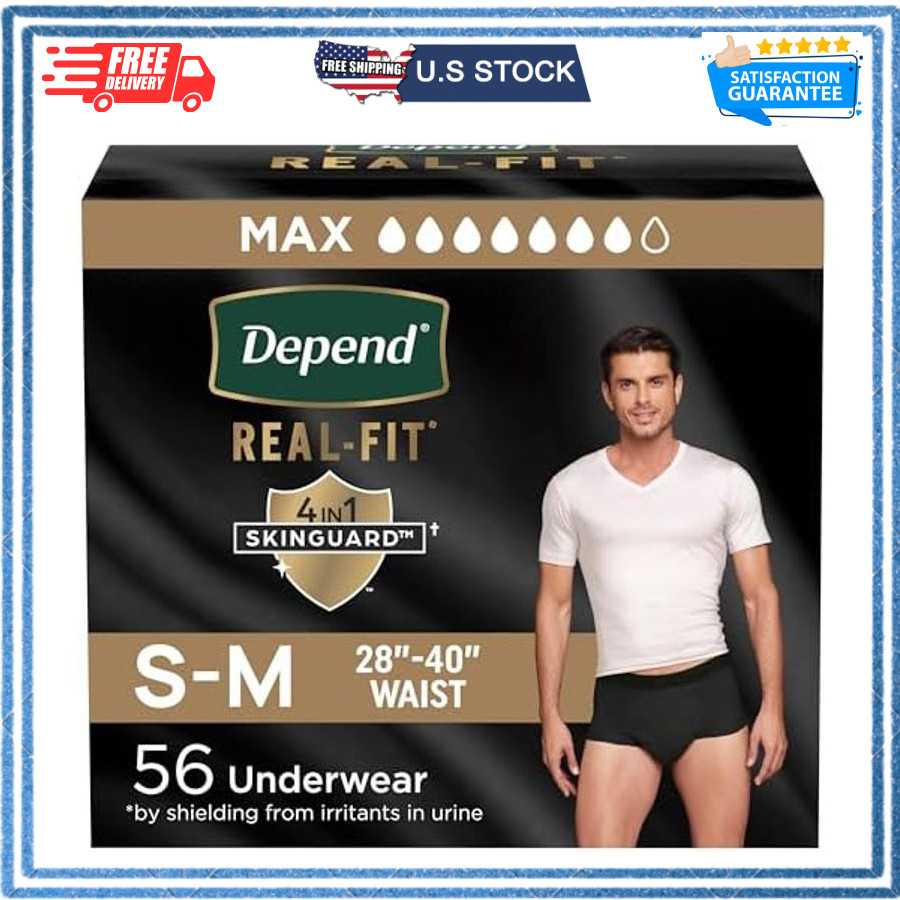 Depend Real Fit Men Incontinence Underwear Max Absorbency S/M 56ct Black
