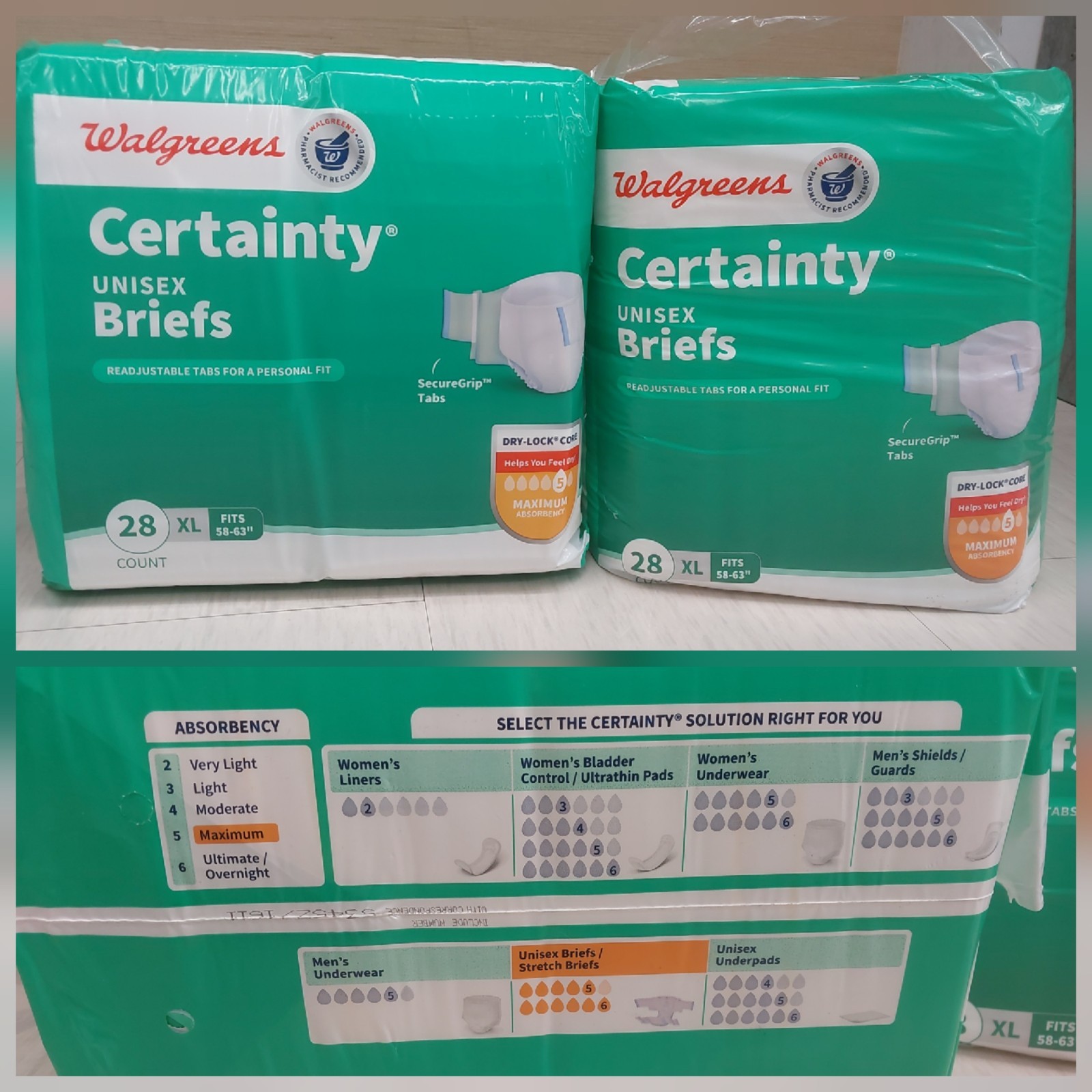 2pk Certainty Unisex Briefs Adult XL 58″-63″ Maximum Absorbancy 28 Count 56total