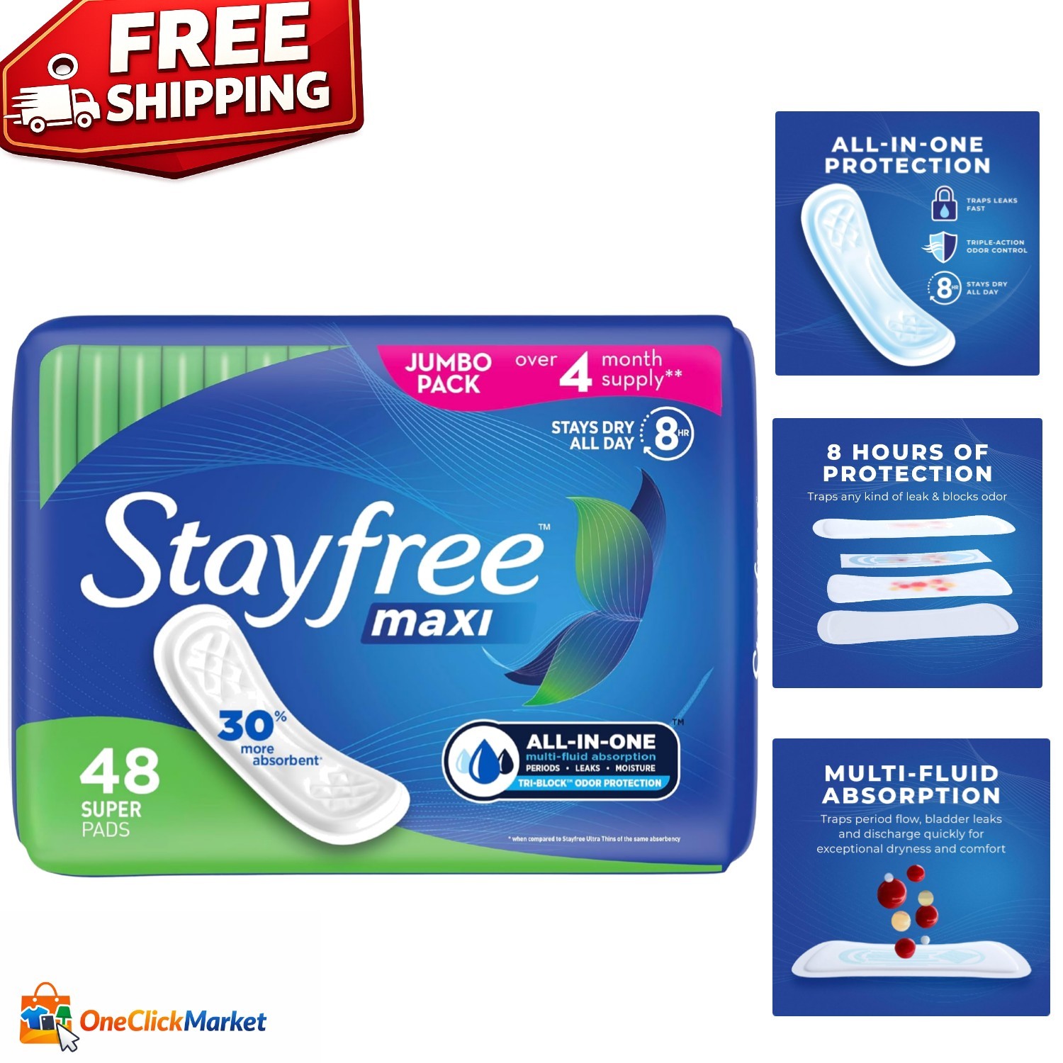 Maxi Super Long Wingless Pads – Ultimate Heavy Flow Protection, 48 Count