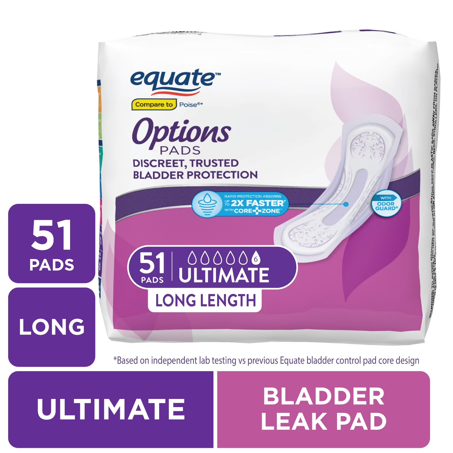 Equate Options Women’s Incontinence Pads, Ultimate Absorbency, Long Length 51ct.