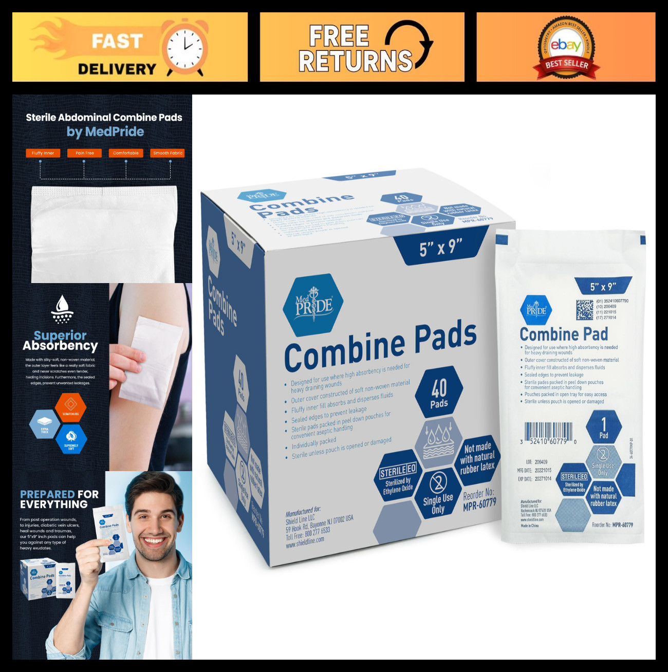 High Absorbency ABD Pads 5×9 Inch, 40 Sterile Wound Dressings, Latex Free, Singl