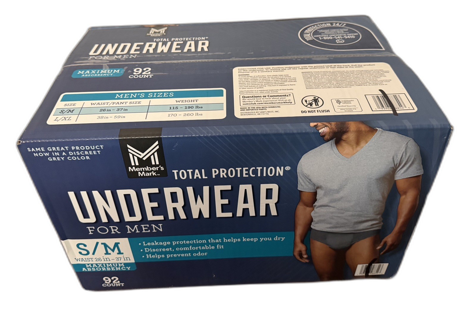 Member’s Mark Men’s Total Protection Incontinence Underwear, 92ct, Grey, S/M