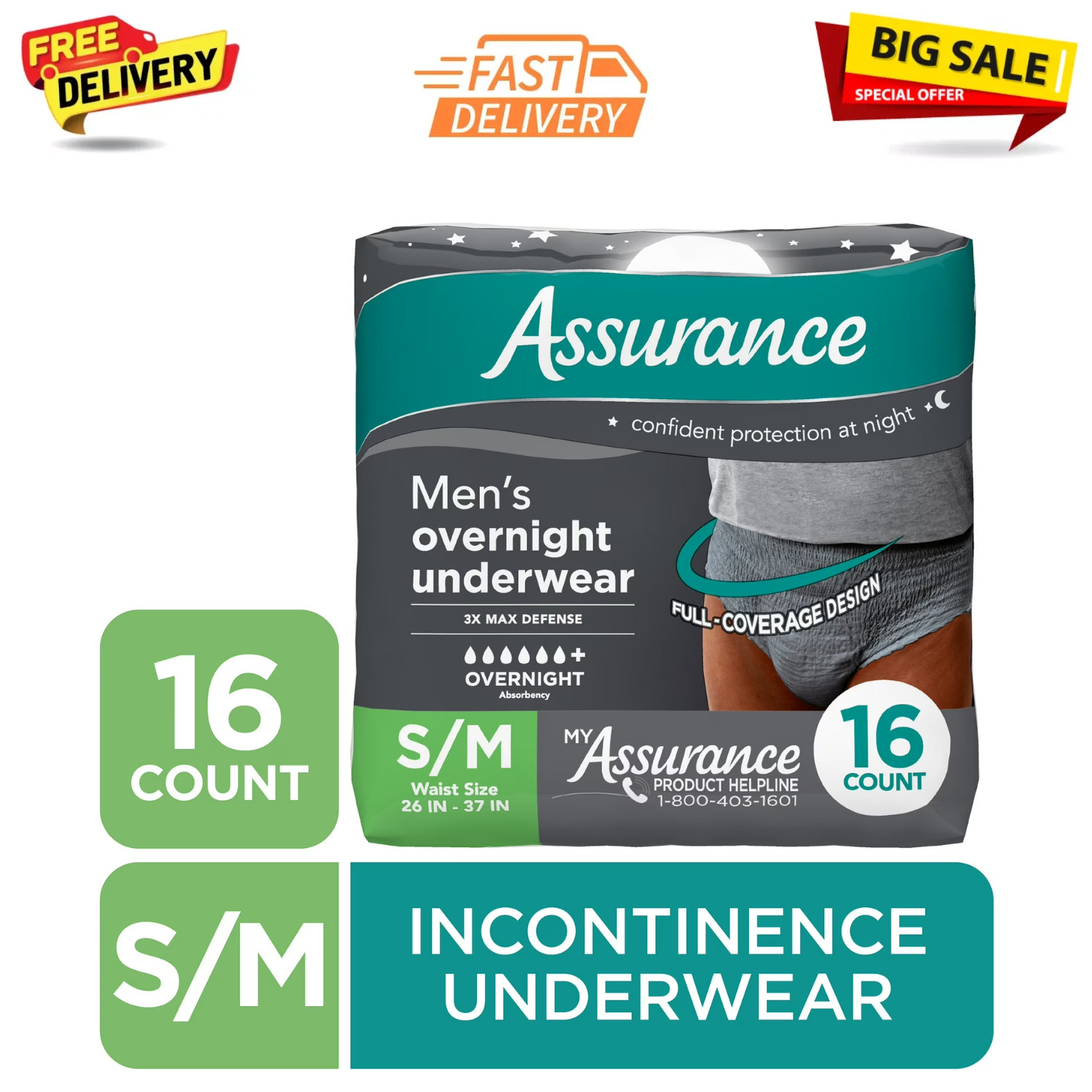Assurance Incontinence Underwear For Men’s Adult Diaper, Overnight S/M 16 Count