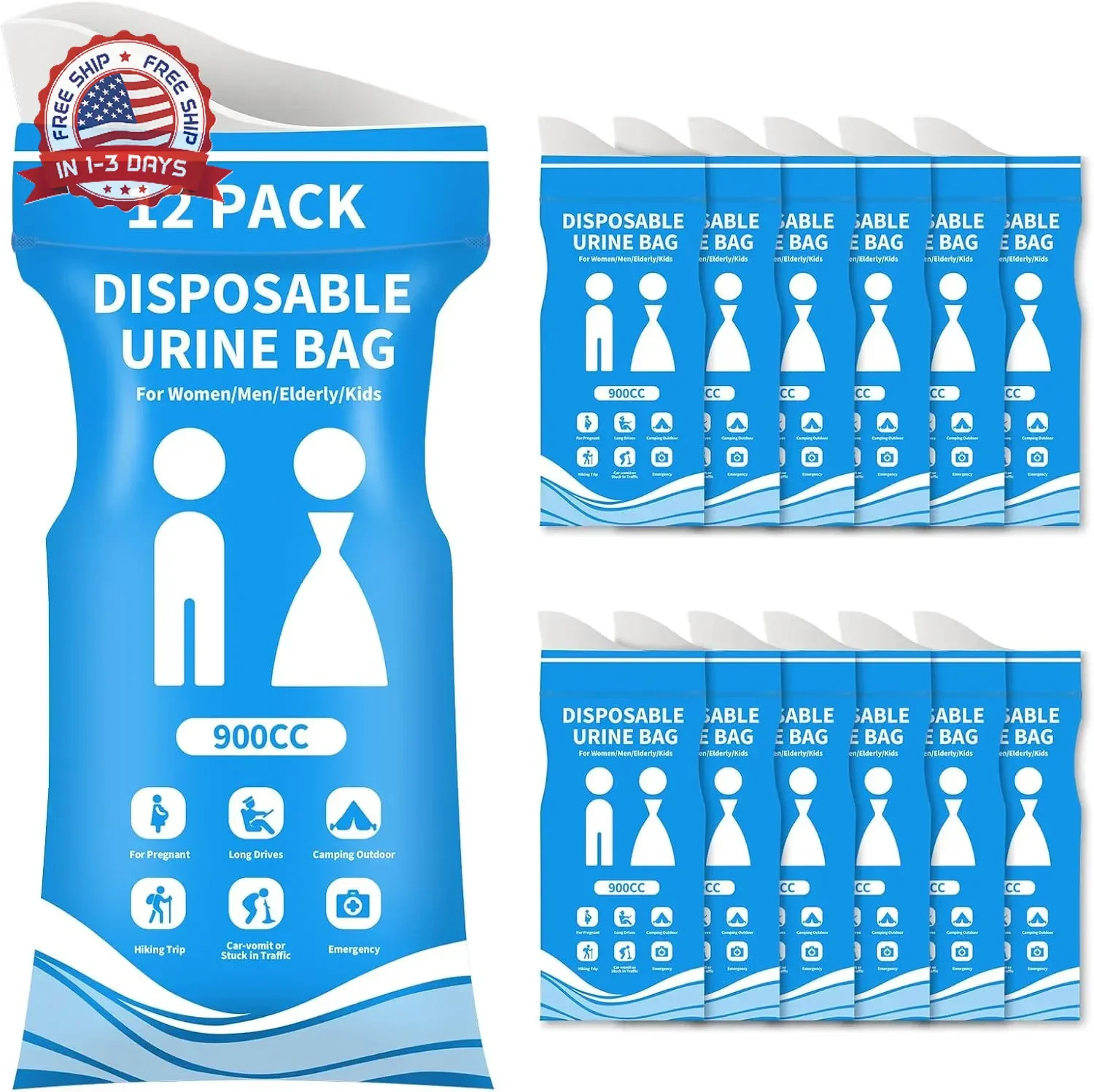 12/24 Pcs Disposable Urine Bags, 900ML Pee Bags for Travel for Women and Men, Em