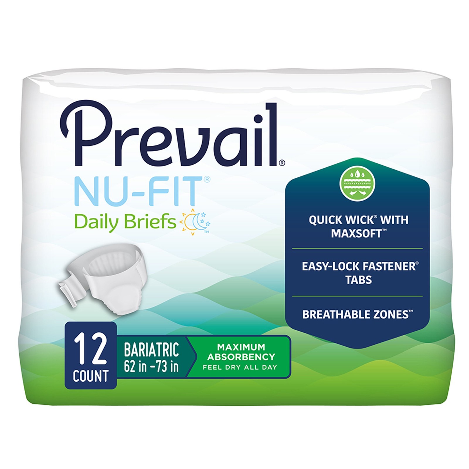 Prevail Nu-Fit Bariatric Daily Briefs, Maximum Absorbency, 2X-Large, Pack of 12