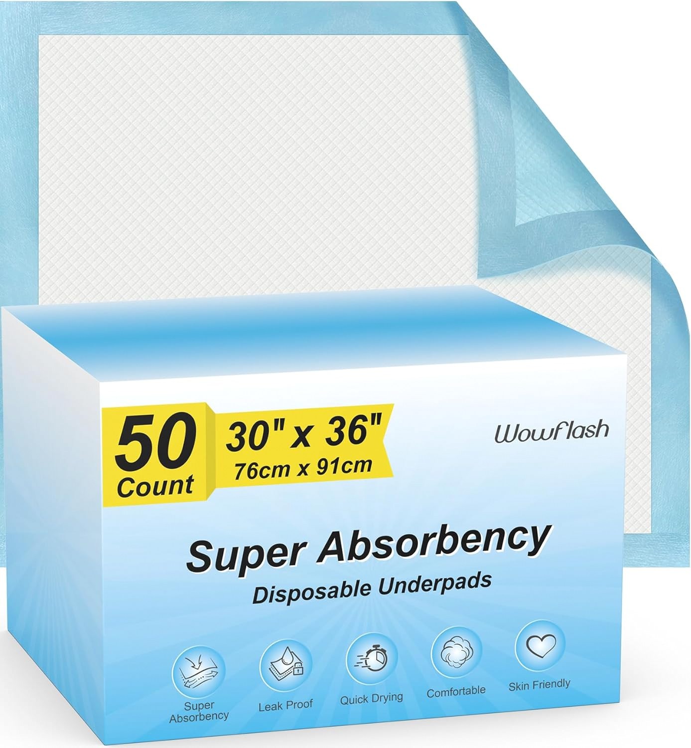 Wowflash XXL Disposable Underpads 30″x36″ Leakproof 50-Pack Extra Large