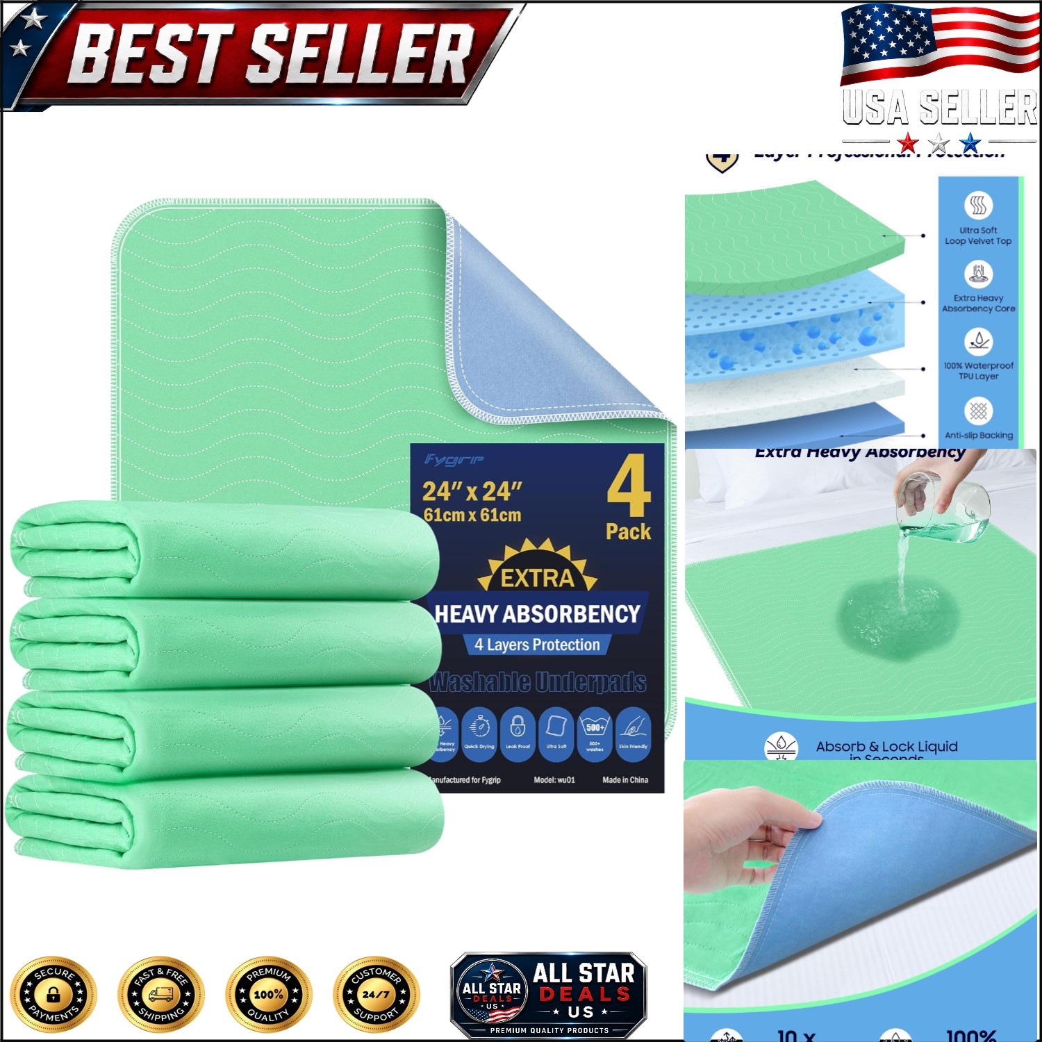4 Pack 24″ x 24″ Extra Heavy Absorbency Washable Underpads – Eco-Friendly Care