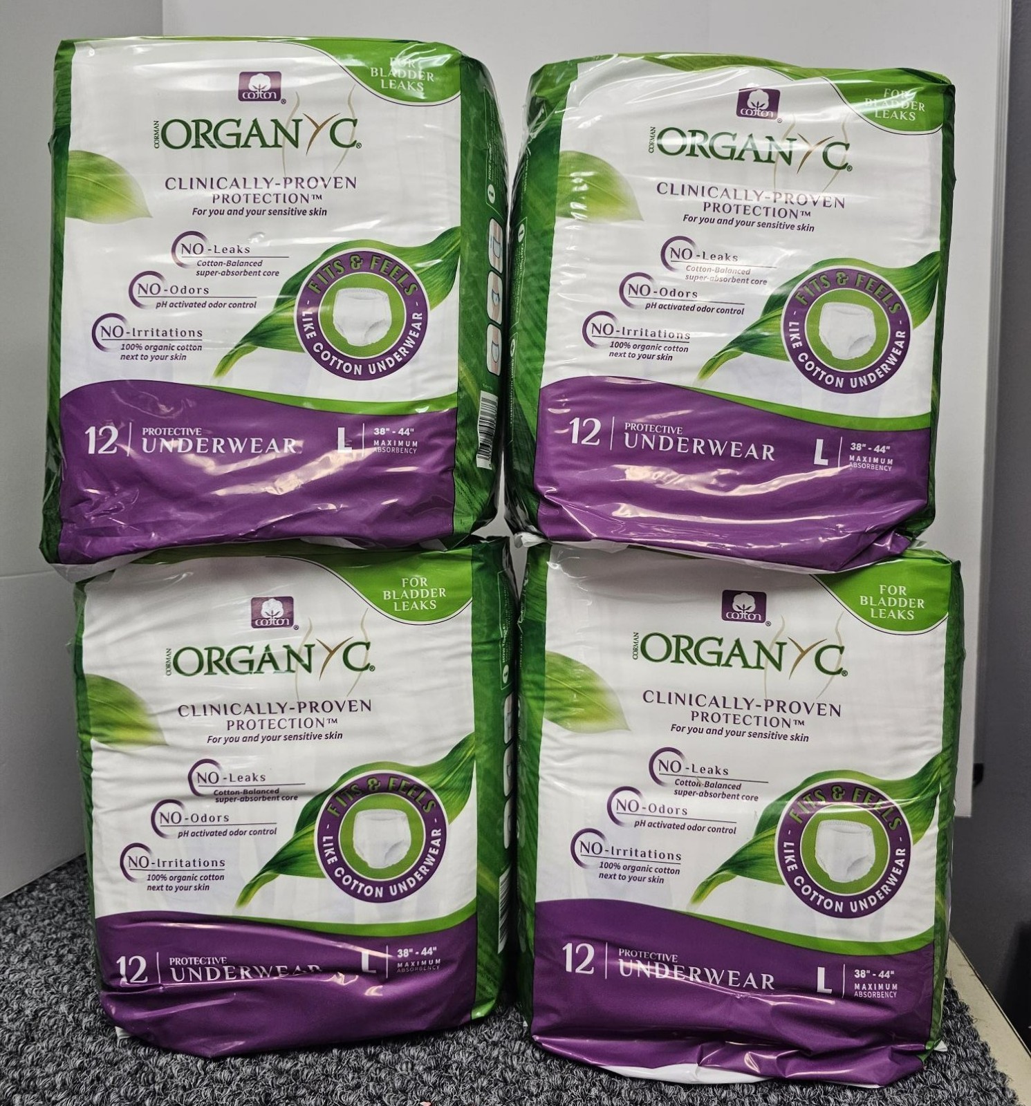 4 X ORGANYC Bladder Control Underwear LARGE 45″-64″, 12 Ct/each Organic Cotton